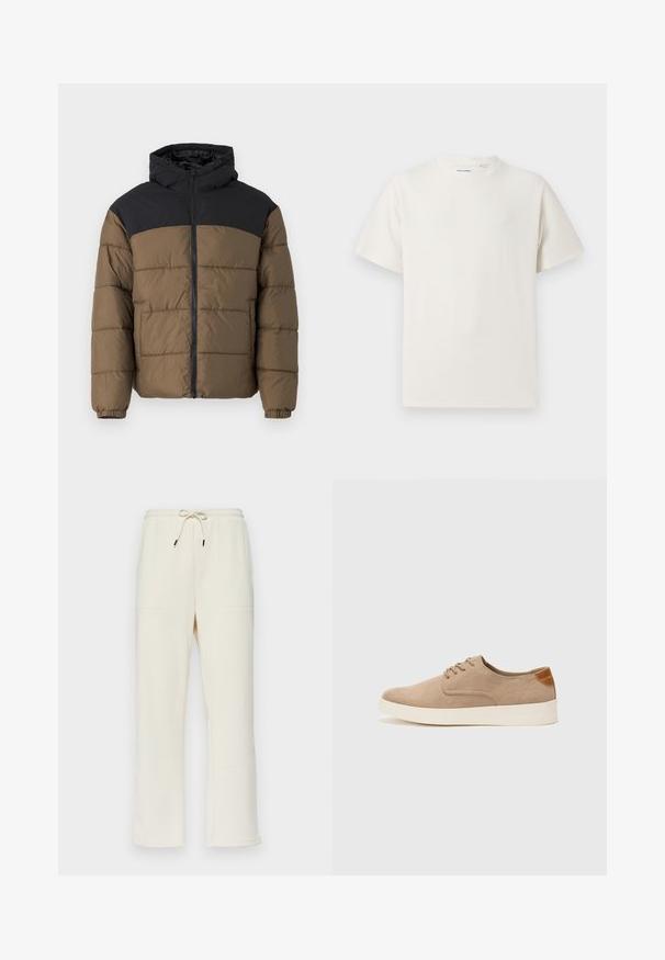 Pučiantis džemperis su juodu kapišonu ir viršutine dalimi, su rudomis kelnėmis, pagamintas iš tekstūruoto audinio su matomomis siūlėmis ir elastingomis rankogaliais.; Balta trumpa rankovė T-polo marškinėlių su juostelėmis tekstūra. Apvalus iškirpimas, laisvas fasonas, jokių matomų raštų ar akcentų. Paprastas ir universalus dizainas.; Kreminės spalvos raukšlėtos kelnės su raišteliu talijoje, su dviem šoninėmis kišenėmis ir tiesiai nukirptu dizainu.; Bežiniai zomšiniai sportbačiai su apvaliomis pirštų dalimis, raišteliais priekyje ir tekstūruotu užkulniu. Balta guma suteikia kontrastą. Paprastas ir modernus dizainas.