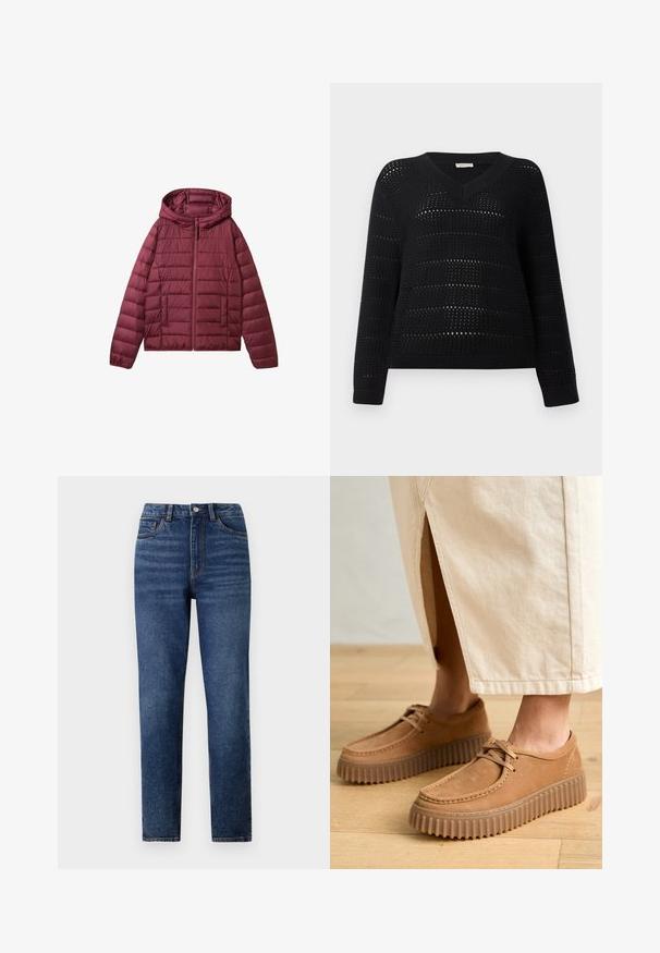 Burgundy puffjacka med dragkedja, huva och quiltad design. Har framfickor och en slät, lätt känsla.; TOM TAILOR DENIM V NECK - Stickad tröja - deep black; Höga blå denimjeans med rak ben, med subtila slitningar, enkel knappknäppning och femfickorsdesign.; Tanan läderskor med en strukturerad yta, rund tå och tjocka, räfflade sulor. Snören och sömnadsdetaljer förhöjer designen.