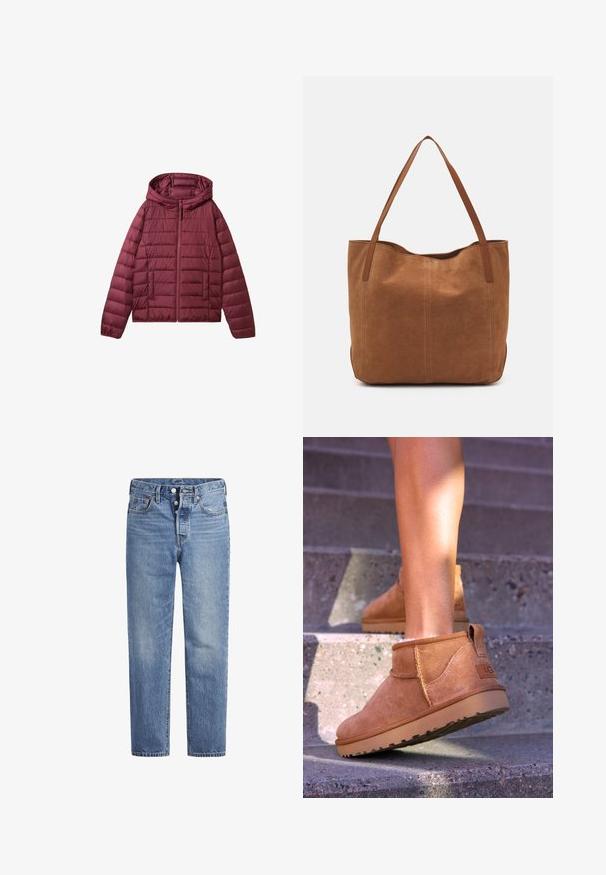 Bordeaux pufferjack met ritssluiting, capuchon en doorgestikt ontwerp. Bevat voorzakken en een gladde, lichte textuur.; Crème kabelbreiselsweater met lange mouwen, geribbelde manchetten en zoom, met een klein geborduurd logo op de linkerkant van de borst.; Lichtblauwe spijkerbroek met een rechte snit, vijf zakken en een knoopsluiting. Heeft subtiele vervaging en oranje stikselaccenten.; Tamme suède enkelboots met een zachte textuur, gestikte details en een rubberen zool, met een lusvormige hak voor gemakkelijk aan- en uittrekken.; Bruine suède shoppers met twee lange handvatten, met een gladde textuur, eenvoudig ontwerp en zonder zichtbare hardware of accenten.