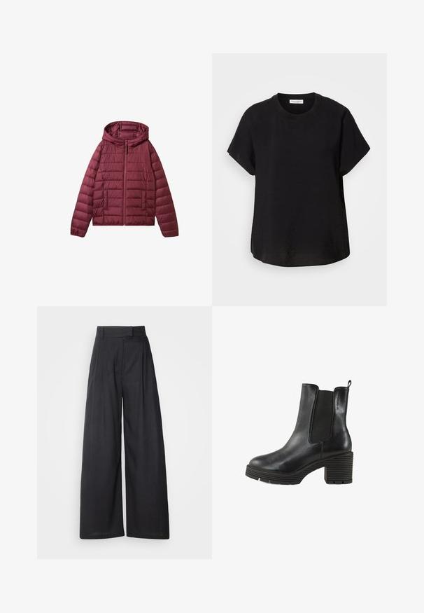 Bordeaux puffer takki vetoketjulla, hupulla ja tikatulla muotoilulla. Varustettu etutaskuilla ja sileällä, kevyellä pinnalla.; Musta lyhythihainen t-paita pyöreällä pääntiellä. Valmistettu kevyestä kankaasta, jossa on rento malli ja suora helma alhaalla.; Tumma, leveälahkeiset housut, joissa on rakenteellinen vyötärö ja laskokset. Valmistettu kevyestä kankaasta, jolla on sileä pinta ja ei näkyviä kuvioita.; Musta nahkasaapas nilkkapituisella, jossa on elastiset sivut, paksu teksturoitu korko ja vetoketjuhihna. Pyöreä kärki ja erottuva uurrettu pohja.