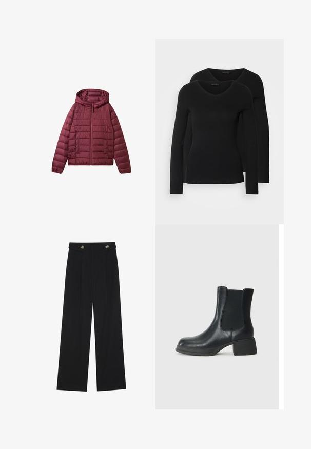 Bordeaux puffer takki vetoketjulla, hupulla ja tikatulla muotoilulla. Varustettu etutaskuilla ja sileällä, kevyellä pinnalla.; Kaksi mustaa pitkähihaista paitaa V-aukkolla, valmistettu pehmeästä ja joustavasta kankaasta, joka osoittaa sileää tekstuuria ja istuvaa muotoa.; Mustat leveälahkeiset housut, joissa on korkea vyötärö, napit vyötärönauhassa ja etupuolella laskokset.; Mustat nahkaiset nilkkurit, joissa on joustavat sivupaneelit, pyöristetyt varpaat ja matala lohkokorko. Pinnassa on sileä rakenne ja vähäiset yksityiskohdat.