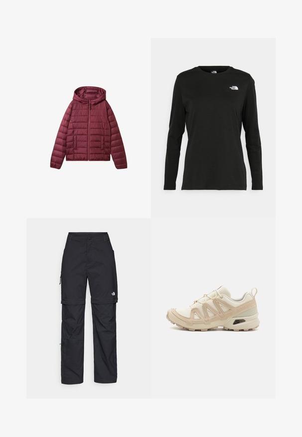 Burgundijas krāsas pūkainā jakā ar rāvējslēdzēju, kapuci un kvadrātveida rakstu. Ir priekšējās kabatas un gluda, viegla tekstūra.; Melnas garām piedurknēm T-krekls, izgatavots no kokvilnas ar apaļu kaklu. Tam ir mazs balts logo kreisajā krūtīs. Vienkāršs dizains un piegulums.; Melni nailona bikses ar noņemamām kājām, regulējamiem uzmavām, vairākām kabatām un logotipu uz labās kājas. Gluda, viegla tekstūra.; Beige un krēma sporta apavi ar strukturētu tīkla virsmu, atbalstošajiem slāņiem un gumijas zoli ar protektoru rakstu, kas nodrošina saķeri.