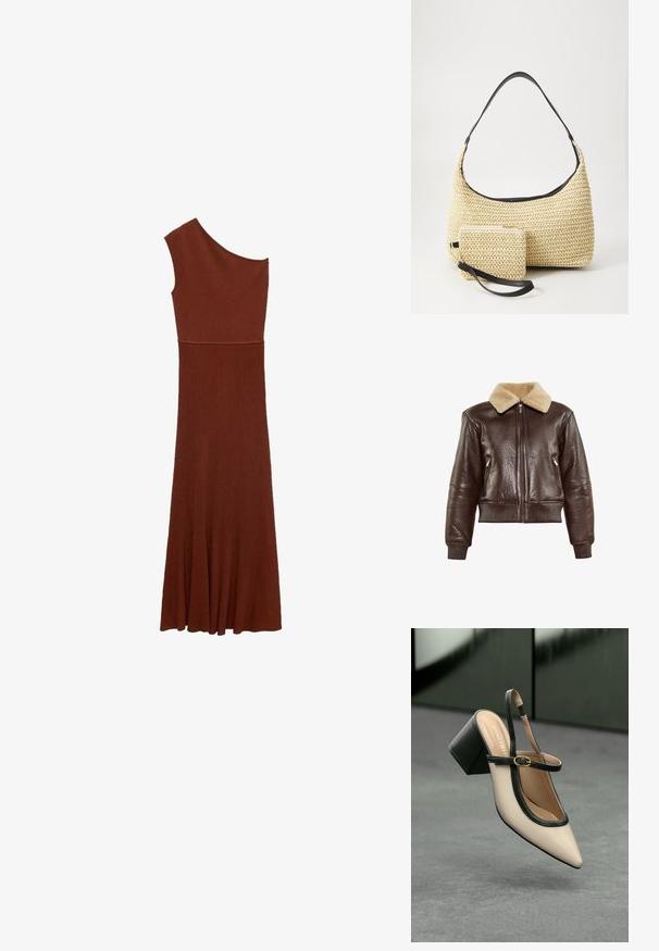 Bruine leren bomberjack met een beige bontkraag, geribde manchetten, twee ritszakken aan de zijkant en een ritssluiting aan de voorkant.; Asymmetrische bruine ribbedress met ontwerp voor één schouder; aansluitende bodice die uitloopt in een brede rok. Glad textuur over de gehele lengte.; Beige puntige slingback schoen met zwarte rand, gouden gesp en een chunky blokhak op een grijze vloer met een donker groene achtergrond.; Geweven strohandtas met een gebogen silhouet, voorzien van een soepele zwarte leren schouderband en een bijpassend klein zakje dat is bevestigd met een polsband.
