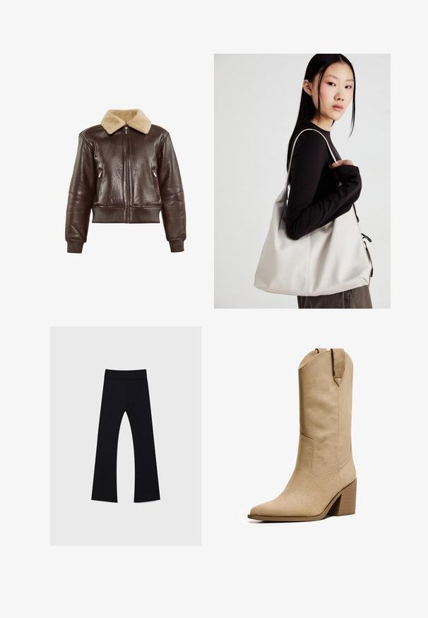 Rjava usnjena bomberska jakna z bež krznjenim ovratnikom, rebrastimi manšetami, dvema zadrgama na straneh in sprednjo zadrgo.; Kratka pulover v kremnem blagu, z visokim ovratnikom, pol-zadrgo, elastičnim robom in manšetami, z gladko teksturo in minimalističnim oblikovanjem.; Črne joga hlače z visokim pasom, narejene iz raztegljive tkanine, z obliko krila noge in gladko teksturo po celotnem obsegu.; Bershka HIGH-HEEL - Škornji v kavbojskem/motorističnem slogu - beige; Bežna torbica iz mehkega materiala, z ohlapno zasnovo, šivi in dvema naramnicama. Primerna za vsakodnevno uporabo.