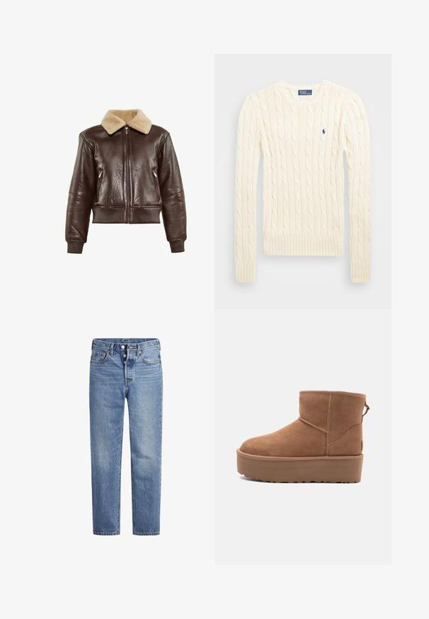 Bruine leren bomberjack met een beige bontkraag, geribde manchetten, twee ritszakken aan de zijkant en een ritssluiting aan de voorkant.; Crème kabelbreiselsweater met lange mouwen, geribbelde manchetten en zoom, met een klein geborduurd logo op de linkerkant van de borst.; Lichtblauwe spijkerbroek met een rechte snit, vijf zakken en een knoopsluiting. Heeft subtiele vervaging en oranje stikselaccenten.; Tan suède enkellaars met een platformzool, ronde neus en stiksels; heeft een trekband aan de achterkant voor gemakkelijke instap.
