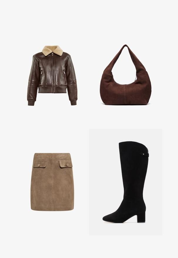 Ruskea nahkainen pommikonejacketti, jossa on beigen värinen turkiskaulus, raidoitetut hihansuut, kaksi vetoketjullista sivutaskua ja etuvetoketjusuljenta.; Ruskea pitkähihaisen ylin vaate, jossa on leveä pääntie ja solmukohta toisella sivulla, valmistettu pehmeästä, teksturoidusta kankaasta.; Ruskea mokkanahkainen mini hame, jossa on sileä pinta. Hameessa on kaksi etupakkausta ja napit kummassakin reunassa. Yksinkertainen ja suora muotoilu.; Mustat mokkanahasta valmistetut polvipituiset saappaat, joissa on terävä kärki ja lohkarekorko. Saappaat ovat sileäpintaiset ja yksinkertaisissa muodoissa, aksenttina on sivuhihna.; Ruskea mokkahobo-laukku, jossa on kaareva, leveä kahva ja suuri aukko. Pehmeä tekstuuri, jossa on näkyvää tikkausta reunoilla.