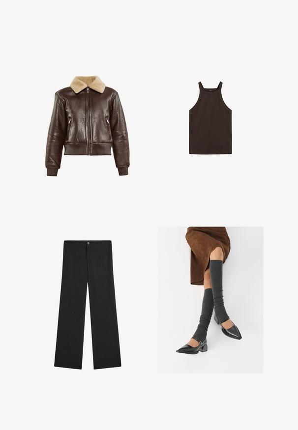 Braune Lederbomberjacke mit beigem Pelzkragen, gerippten Bündchen, zwei seitlichen Reißverschlusstaschen und einem Reißverschluss vorne.; Massimo Dutti HALTER NECK - Top - dark brown; Schwarze Weitbein-Hosen aus leichtem Stoff, mit einem Knopfverschluss, ohne sichtbare Muster und einer glatten, einfarbigen Textur.; Schwarze lacklederne spitze Schuhe mit Blockabsatz und Knöchelriemen, kombiniert mit grauen gerippten Beinstulpen und einem braunen Wildlederrock.