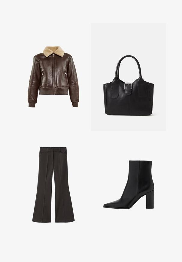 Hnedá kožená bomber bunda s béžovým kožušinovým golierom, rebrovanými manžetami, dvoma zipsovými bočnými vreckami a predným zipsom.; Biela tričko s krátkym rukávom a širokým okrúhlym výstrihom, s textúrovaným rebrovaným vzorom, vyrobené z mäkkej látky, s uvoľneným strihom a čistým dizajnom.; Čierne rozšírené nohavice s vysokým pásom; majú dve bočné vrecká a hladkú textúru látky. Vhodné na rôzne príležitosti.; Čierna kožená členková čižma s špicatou špičkou, štvorcovým podpätkom, hladkou textúrou a šitými detailmi pozdĺž švov. Výška podpätkov je približne 3,5 palca.; Čierna kožená taška s hladkou textúrou, štruktúrovaným tvarom, dvoma uchami a výrazným strieborným prackovým detailom na prednej strane.