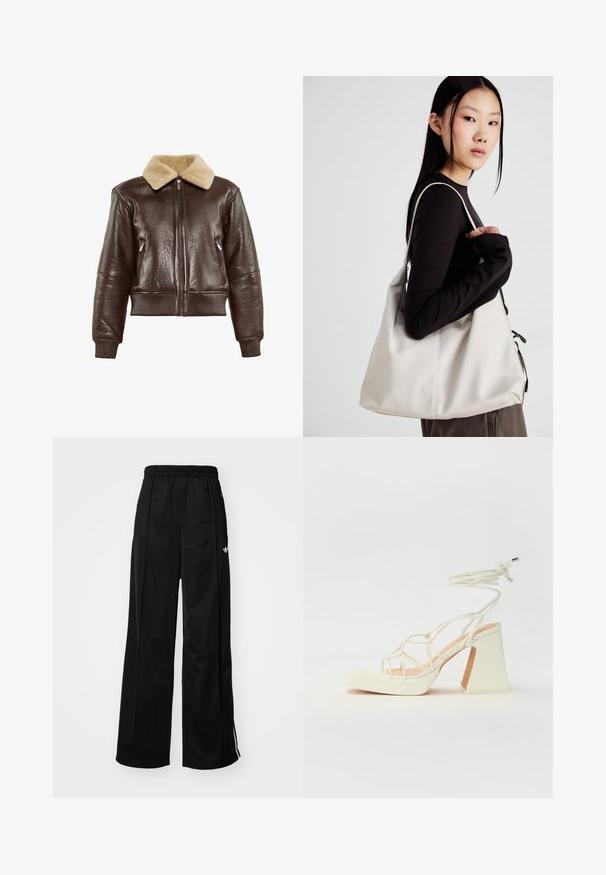 Giacca bomber in pelle marrone con colletto in pelliccia beige, polsini a costine, due tasche laterali con zip e chiusura frontale con zip.; T-shirt bianco a maniche corte e girocollo, realizzato in cotone morbido, con un design semplice e pulito, privo di motivi o dettagli visibili.; Pantaloni da tuta neri a gamba larga con vita elasticizzata, caratterizzati da strisce laterali bianche e un piccolo logo sull'anca sinistra. Tessuto liscio.; Sandalo bianco con tacco alto, caratterizzato da un design a cinturini e un legaccio alla caviglia. Texture liscia con una piattaforma frontale per un'altezza aggiuntiva.; Borsa a mano beige realizzata in materiale morbido, caratterizzata da un design morbido, dettagli cuciti e due manici. Adatta per l'uso quotidiano.