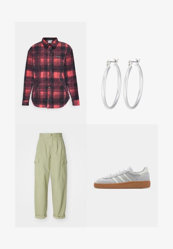 Raudonas ir juodas languotas flanelinis marškinis su mygtukų užsegimu priekyje, ilgomis rankovėmis ir apvaliu apvadu. Savybė - Columbia logotipas ant krūtinės.; Balta, raukšlėta ilgarankovė palaidinė su apvalia iškirpte. Pagaminta iš elastingos medžiagos, kuri prisitaiko prie kūno. Pasipuošusi subtiliomis horizontaliosiomis linijomis.; Šviesiai žali cargo tipo kelnės, pagamintos iš medvilnės audinio. Joms būdingas aukštas juosmuo, suktos galinės dalys ir dvi šoninės cargo kišenės, užtikrinančios papildomą patogumą.; Šviesiai pilki zomšiniai sportbačiai su baltais odiniais akcentais, trimis baltomis juostelėmis ir rudą guminę pada, turintys paminkštintą apykaklę patogumui.; Sidabriniai auskarai su sklandžiu, poliruotu paviršiumi. Apvalios formos ir saugus uždarymo mechanizmas. Lengvas dizainas, tinkantis kasdieniam dėvėjimui.