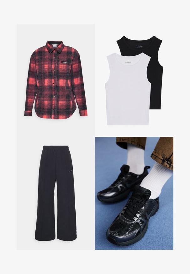 Punainen ja musta ruudullinen flanellipaita, jossa on napitus edessä, pitkät hihat ja pyöristetty helma. Rinnassa on Columbia-logo.; Kaksi hihattomaa toppia mustana ja valkoisena, valmistettu ribbikankaasta, jossa on pyöreät kaula-aukot ja tiukka muotoilu. Tunnisteet näkyvät molemmissa.; Mustat leveät housut, joissa on joustava vyötärönauha ja pieni valkoinen Nike-logo. Kangas on sileä, suunniteltu mukavuutta ja rentoa käyttöä varten.; Mustat Nike-tennarit, joissa on verkkokangas- ja synteettisiä materiaaleja, teksturoitu päällinen, mustat nauhat ja kestävät kumipohjat. Valkoiset ribbineulotut sukat näkyvissä.