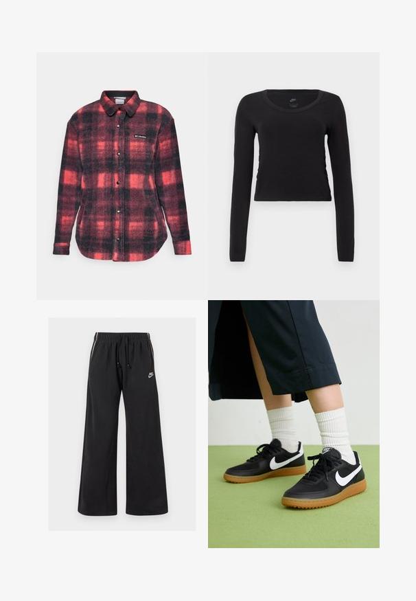 Camisa de flanela em padrão xadrez vermelho e preto, com fecho de botões na frente, mangas longas e bainha arredondada. Apresenta o logótipo da Columbia no peito.; T-shirt de manga longa e cropped em algodão preto sólido. Apresenta um decote redondo e um leve detalhe de franzido nas laterais para um ajuste ajustado.; Calças de treino pretas, feitas de um tecido macio, com uma cintura elástica e cordão, riscas laterais e um pequeno logotipo na parte frontal esquerda.; Sapatilhas pretas em couro e sintético com o logo da Nike em branco, sola de borracha tipo goma, bico redondo e atacadores pretos. Meias brancas com frunces visíveis.