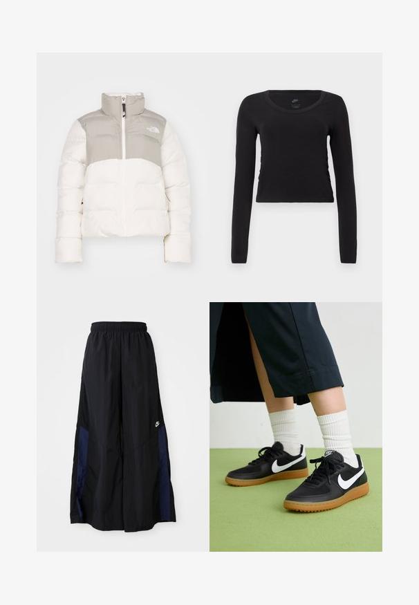 Puffer bunda v bílé a světle šedé barvě. Vysoký límec, zipové zapínání a elastické manžety. Obsahuje detail loga na hrudi a boční kapsy.; Černé bavlněné tričko s dlouhým rukávem a zkráceným střihem. Má kulatý výstřih a jemné detailní nařasení na bocích pro přiléhavý vzhled.; Černé kalhoty širokého střihu vyrobené z lehkého materiálu, s námořnickou modrou bočním panelem a elastickým pasem. Malé bílé logo na spodní části.; Černé kožené a syntetické tenisky s bílým logem Nike, gumovou podrážkou, kulatou špičkou a černými tkaničkami. Viditelné žebrované bílé ponožky.