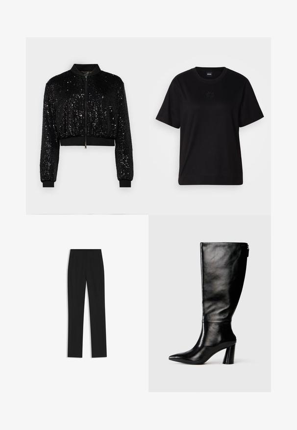 Schwarze, verkürzte Bomberjacke mit glitzernder Textur, kontrastierenden gerippten Bündchen und Saum sowie einem Reißverschluss auf der Vorderseite. Glatter Kragen.; Schwarzes Baumwoll-T-Shirt mit Rundhalsausschnitt, kurzen Ärmeln und aufgesticktem Logo auf der Brust. Einfacher, lässiger Schnitt ohne Muster.; Schwarze maßgeschneiderte Hose mit geradem Bein, ausgestattet mit Fronttaschen und einem glatten, strukturierten Stoff. Saubere, minimale Details.; Knöchelhohe schwarze Lederstiefel mit einer spitzen Zehe, glatter Oberfläche und einem klobigen Absatz. Verfügt über einen Reißverschluss hinten.