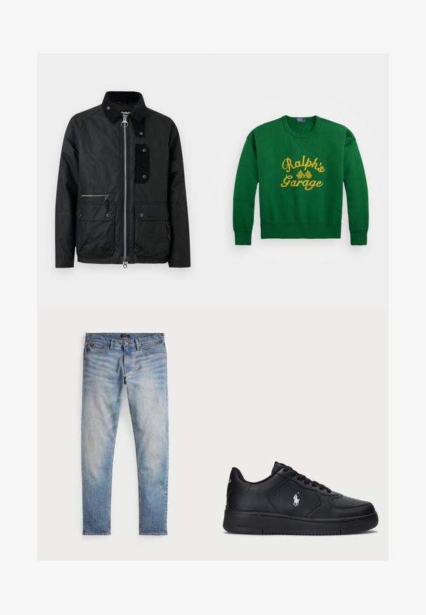 Black jacket with a zip front, snap buttons, corduroy accents, two front pockets, and a structured collar. Smooth texture, casual design.; Green sweatshirt with a rounded neckline, featuring yellow embroidered text "Ralph’s Garage" and checkered flag details. Cotton blend material.; Light blue denim jeans with a faded finish, five-pocket design, and contrast stitching. Features a zip fly and belt loops. Straight cut.; Black leather sneakers with a perforated design, flat lace-up closure, and a white embroidered logo on the side. Thick black rubber sole.