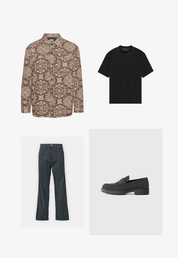 Rjava srajca s vzorcem, ki vsebuje zapletene bele motive, z gumbi spredaj in ovratnikom. Narejena iz teksturirane tkanine z dolgimi rokavi.; Črna majica s kratkimi rokavi, ki ima tanke bele vodoravne črte. Narejena je iz mehke tkanine, ima okroglo ovratnico in sproščen kroj.; Črne hlače s ravnim krojem, izdelane iz mešanice bombaža. Imajo kovinsko zaponko in stranske žepe. Brez vidnih vzorcev.; Črne loafer čevlje z gladkim mat zaključkom, z zaobljenim nosom in debelim, teksturiranim podplatom. Poudarjeni s sprednjim trakom.