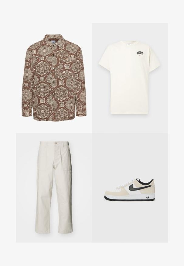 Ruda raštuota marškiniai su sudėtingais baltais raštais, su mygtukų užsegimu priekyje ir apykakle. Pagaminti iš tekstūruoto audinio, su ilgomis rankovėmis.; Kremo spalvos medvilninis marškinėlis trumpomis rankovėmis, su "NIKE SB" juodu ir raudonu tekstu ant krūtinės. Standartinė apvali iškirptė.; Šviesiai pilki plačius kelnes, pagamintas iš medvilnės. Yra priekinės kišenės ir mygtuko uždarymas. Lygus paviršius su subtiliomis vertikaliomis linijomis.; Batai sportui su šviesiai rudos suku ir baltos odos viršutinė dalimi, juodom Nike swoosh detalėm, juodais akcentais ir balta gumine padanga su "AIR" ženklu.