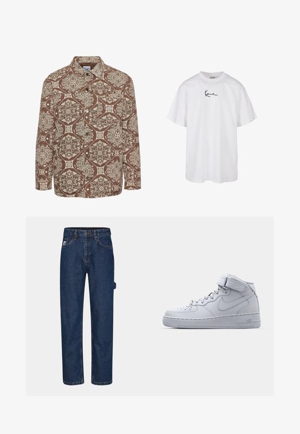 Brun mönstrad skjorta med intrikata vita mönster, knäppning framtill och krage. Tillverkad av texturerad tyg med långa ärmar.; Vit bomull t-shirt med rund halsringning och korta ärmar, med en svart broderad logotyp centrerad på bröstet.; Mörkblå denimjeans med raka ben, fem fickor och en synlig märkespatch på vänster framsida.; Höga grå Nike Air Force 1-sneakers med ovandel i läder, vadderad krage och kardborreband. Ikonisk design med perforerad tåbox.