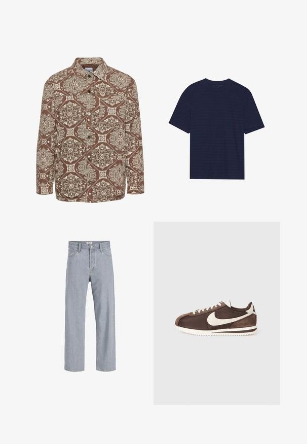 Brunmønstret skjorte med intrikate hvite design, knappelukking foran og krage. Laget av teksturert stoff med lange ermer.; Marineblå kortermet t-skjorte med rund hals og subtile horisontale striper over stoffet. Laget av et mykt materiale.; Lyseblå denimbukser med avslappet passform, rett ben-design, synlige sømmer, to frontlommer og knappelukking.; Brun treningssko laget av en blanding av semsket skinn og lerret, med en hvit Nike swoosh-logo og en teksturert gummisåle.