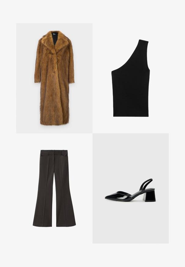 Brown faux fur coat with a wide collar, long sleeves, and a straight, knee-length design. Features a soft, textured surface.; Black, ribbed knit top with a unique asymmetrical silhouette and a single shoulder strap. Smooth texture, no visible hardware or pattern.; Black flared trousers with a high waist; features two front pockets and a smooth fabric texture. Suitable for various occasions.; Black patent leather slingback heels with a pointed toe and a geometric block heel. Features a sleek, minimal design and smooth texture.