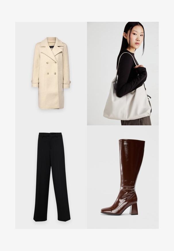 Palton din amestec de lână bej, cu design dublu, revere late, două buzunare frontale și manșete răsucite cu accente de nasturi. Finisaj texturat.; Pulover tricotat maro cu un guler înalt și ribflat, mâneci largi și o textură moale. Prezentă o croială lejeră și accente riblate pe mâneci.; Pantaloni negri cu croi larg, dintr-un material neted, având un talie clasică cu închidere prin buton și plisuri frontale.; Bocanci din piele sintetică maro, până la genunchi, cu vârf pătrat, finisaj lucios și toc gros pentru stabilitate. Design fără cusături, fără hardware vizibil.; Geantă bej din material moale, cu un design lejer, detalii cusute și două bretele pentru umăr. Potrivită pentru utilizarea zilnică.