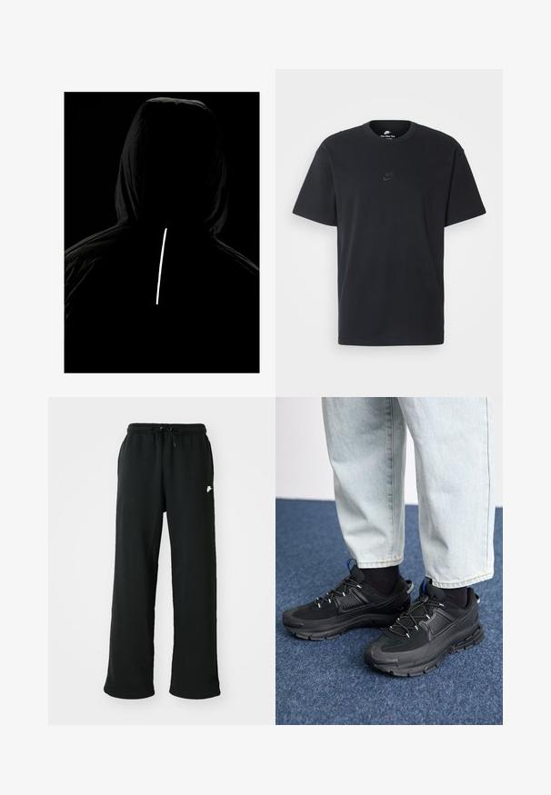 Melnā kapuce ar strukturētu audumu; aizmugurē ir atstarojoša vertikāla svītra, kas nodrošina redzamību vājā apgaismojumā.; Nike melns kokvilnas T-krekls ar klasisku piegriezumu, īsām piedurknēm un smalku, reljefu logotipu uz krūškurvja. Gluda tekstūra.; Melnas sporta bikses, kas izgatavotas no mīksta auduma, ar elastīgu vidukli un regulējamu auklu, kā arī mazu logotipa akcentu sānos.; Melni sporta apavi ar strukturētu audumu un gumijas zoli, ar elastīgām auklām un zilu akcentu uz papēža. Nēsāti ar gaišām džinsu biksēm.