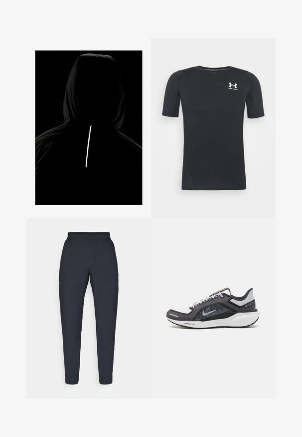 Mustahartekstuuri musta kapuutsiga jope; seljaosa peegeldav vertikaalne riba madala valguse tingimustes nähtavuse tagamiseks.; Musta lyhythihainen urheilupaita, joka on valmistettu kosteutta siirtävästä, joustavasta kankaasta. Paidassa on pyöreä pääntie ja pieni valkoinen logo rinnassa.; Mustat urheiluhousut, joissa on sileä pinta, kapea malli, joustava vyötäkuja ja sivutaskut. Vasemmassa reisissä on pieni logo.; Musta ja harmaa urheilukenka, jossa on verkkopäällinen, heijastavat yksityiskohdat ja valkoinen välipohja. Varustettu kuvioidulla kumipohjalla ja nauhoilla.