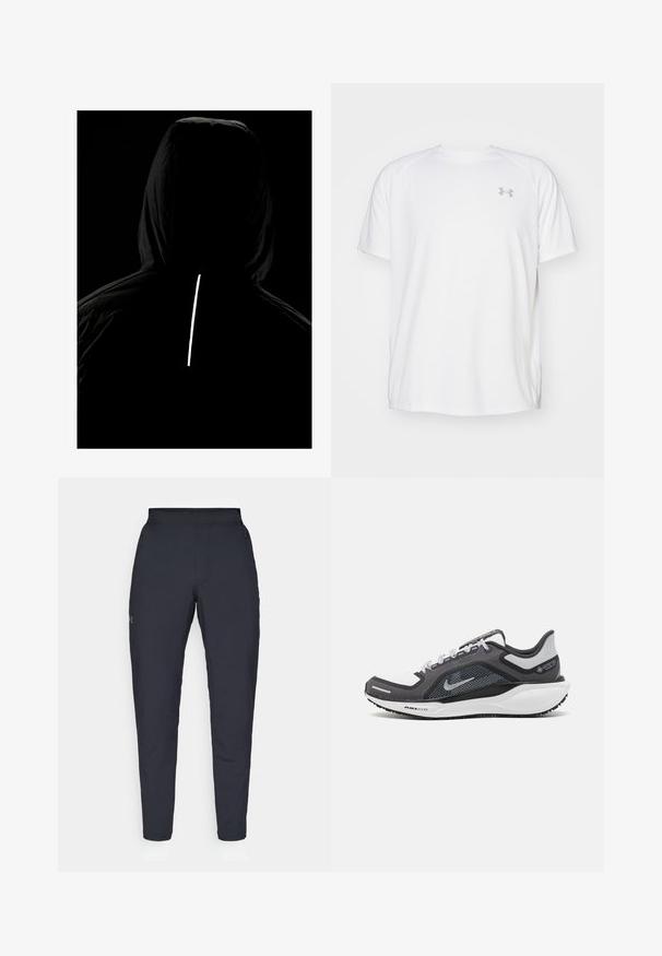 Jachetă neagră cu glugă, realizată dintr-un material texturat; are o dungi verticale reflectorizante pe dos pentru vizibilitate în condiții de iluminare slabă.; Camică sport cu mânecă scurtă, de culoare albă, fabricată dintr-un material neted. Dispune de un guler tip crew și un logo gri pe pieptul stâng, cu slituri laterale la tiv.; Pantaloni sportivi negri cu o textură fină, croială slim, talie elastică și buzunare laterale. Prezentă un mic logo pe coapsa stângă.; Încălțăminte sport neagră și gri, cu partea superioară din plasă, accente reflectorizante și o talpă intermediară albă. Dispune de o talpă din cauciuc texturat și șireturi.