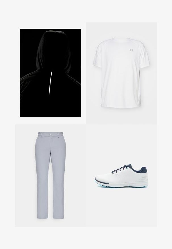 Mustahartekstuuri musta kapuutsiga jope; seljaosa peegeldav vertikaalne riba madala valguse tingimustes nähtavuse tagamiseks.; Valkoinen lyhythihainen urheilupaita, joka on valmistettu sileästä kankaasta. Paidassa on pyöreä kaula-aukko ja harmaa logo vasemmassa rinnassa, sekä sivuhalkiot helmassa.; Harmaat suorat housut, nappikiinnitys, etutaskut ja sileä, teksturoitu kangas. Minimalistinen muotoilu, ilman kuvioita.; Valkoiset urheilukengät sileällä synteettisellä päällisellä, siniset yksityiskohdat, teksturoitu tummansininen kantapää ja kevyet, piikkiset pohjat pidon lisäämiseksi.