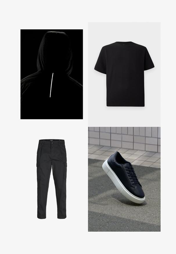 Černá kapucňová bunda s texturovanou tkaninou; má reflexní vertikální pruh na zádech pro zvýšení viditelnosti za nízkých světelných podmínek.; Černé tričko s krátkým rukávem vyrobené z texturované látky, s kulatým výstřihem a volným střihem. Jednoduché, bez vzorů nebo akcentů.; Černé cargo kalhoty vyrobené z odolné tkaniny, s mnoha kapsami, knoflíkovým zapínáním a slim fit střihem se zúženými nohavicemi.; Černé kožené tenisky s kulatou špičkou a bílou gumovou podrážkou. mají ploché tkaničky a minimální šití na svršku. Texturovaná podrážka pro lepší přilnavost.
