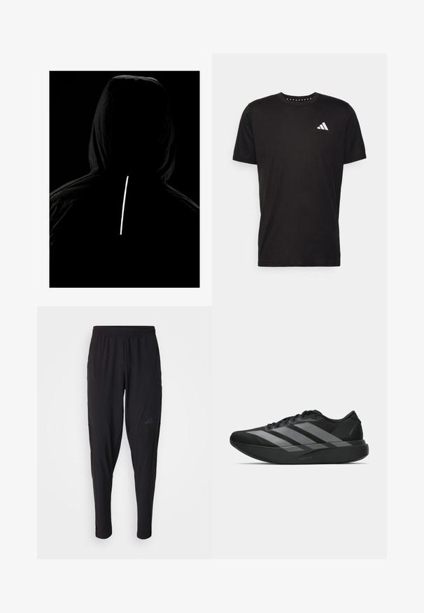Črna kapuča jakna iz teksturirane tkanine; ima odsevni vertikalni trak na hrbtu za vidnost v slabi svetlobi.; Črna bombažna majica s kratkimi rokavi, okroglim izrezom in belim logotipom na levem prsnem predelu. Gladka tekstura in preprost dizajn.; Črne športne hlače z elastiko v pasu, zožanega kroja, stranskimi žepi in diskretnim logotipom. Narejene iz fleksibilnega, zračnega materiala.; Crne atletske čevlje z lahkotno zasnovo, ki imajo tri izrazite sive črte, gladko teksturo in oblikovano podplat.