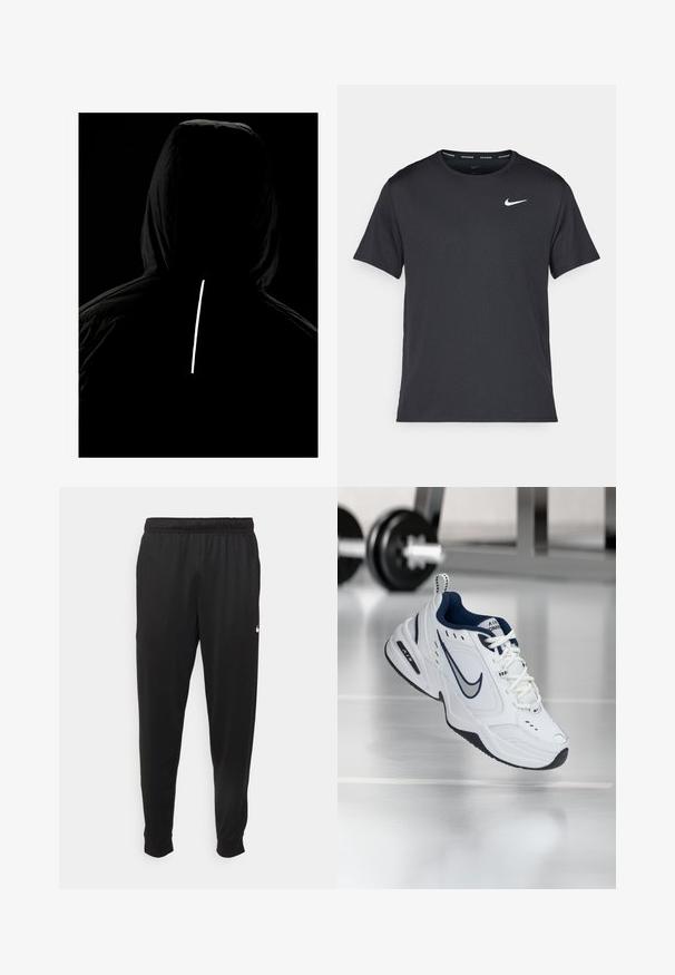 Čierna kapucňová bunda s textúrovanou tkaninou; obsahuje reflexný vertikálny pruh na zadnej strane pre viditeľnosť za zhoršených svetelných podmienok.; Čierne bežecké tričko Nike vyrobené z ľahkého a priedušného materiálu, s krátkymi rukávmi a malým bielym logom na hrudi.; Čierne športové nohavice z hladkej tkaniny, s elastickým pásom, zužujúcimi sa nohavicami a malým bielym logom na ľavej strane.; Biele atletické tenisky s námornícko modrým akcentom, zvršok z textilu a kože, spevnený špic a čierna gumová podrážka. Obsahujú charakteristické logo Nike.