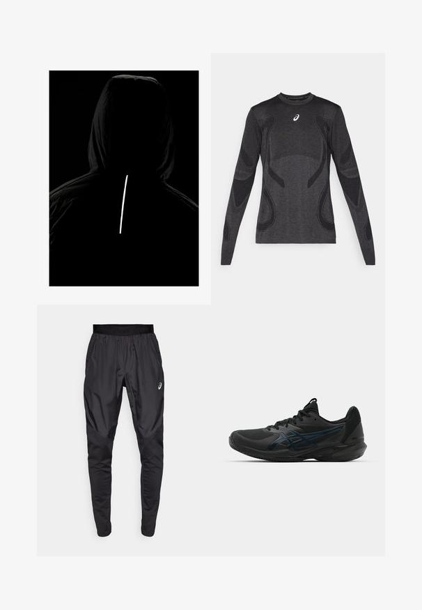 Juodas gobtuvu striukė su tekstūruotu audiniu; turi atspindinčią vertikalią juostą gale, kad būtų gerai matoma prastomis apšvietimo sąlygomis.; Ilgaespalvi atletinio stiliaus marškinėliai tamsiai pilkos spalvos, su tekstūruotais dizaino akcentais šviesiai pilkoje spalvoje. Apvalus iškirpimas ir logotipas ant krūtinės.; Juodi sportiniai kelnes su elastingu juosmeniu, šoninėmis kišenėmis ir kontrastingos tekstūros panelėmis ant kojų. Asics logotipas ant klubo.; ASICS SOLUTION SPEED FF 3 CLAY - Teniso bateliai molio dangos kortams - black/prism blue