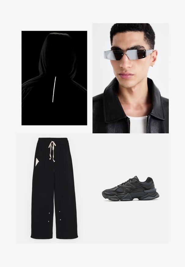 Schwarze Kapuzenjacke aus strukturiertem Stoff; verfügt über einen reflektierenden vertikalen Streifen auf der Rückseite für Sichtbarkeit bei schlechten Lichtverhältnissen.; Schwarzes T-Shirt mit kurzen Ärmeln aus Baumwolle, mit Rundhalsausschnitt und lockerer Passform. Glatte Textur mit minimalen Nähten.; Schwarze weite Hose aus weichem Stoff mit einem Tunnelzugbund, Seitentaschen und einer dreieckigen Akzenttasche. Silberne Hardware-Details sind enthalten.; Schwarzer Laufschuh mit einer Mischung aus Mesh- und sinthetischen Materialien, dicke Sohle, geschwungenes Design und auffälliger Markenkennzeichnung an der Seite.; Eckige, grau getönte Sonnenbrillen mit silberner Hardware, vor einem hellen Hintergrund. Die Gläser weisen eine einzigartige geometrische Form auf.