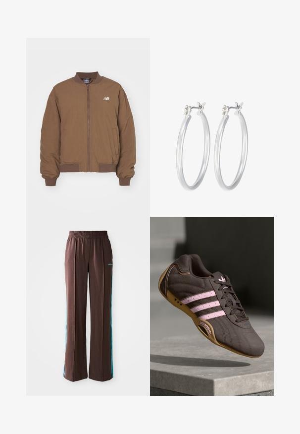 Brown bomber jacket made of lightweight fabric, featuring a front zipper, ribbed cuffs, and collar, with a logo on the left chest.; Set of three short-sleeve t-shirts in black, gray, and white. Made from cotton, featuring a crew neck and a simple, solid color design.; Brown athletic pants with a ribbed texture, elastic waistband, and turquoise side stripes. Features the adidas logo on the front.; Brown suede athletic shoe with pink stripes and logo, featuring a textured upper, lace closure, and a gum rubber sole.; Silver hoop earrings with a smooth, polished finish. Round shape and secure click-top closure. Lightweight design suitable for everyday wear.