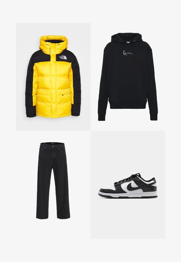 Žuti i crni pufer jakna s visokim ovratnikom, zatvaranjem na zip i logotipom na gornjem lijevom prsnom dijelu, s podstavljenim dizajnom za toplinu.; Crna dukserica od mekog materijala, s prednjim džepom, vezicama i bijelim izvezenim logom na prsima. Klasičan kroj i rebrasti rubovi.; Crne traperice ravnog kroja s kopčanjem na dugme i zatvaračem, petljama za remen, te prednjim i stražnjim džepovima.; Crno-bijeli Nike Dunk tenisice s kožnom gornjom površinom, perforiranim prstom, crnim vezicama i crnom gumenom potplatom s dizajnom rebrastog uzorka.
