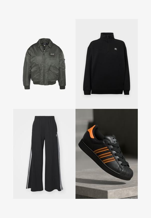 Dark green bomber jacket with a zip front, ribbed cuffs, and two front pockets. Features a logo patch on the chest. Smooth, shiny fabric.; Black quarter-zip sweatshirt made of soft fabric, featuring a high collar, ribbed cuffs, and a small white Adidas logo on the chest.; Black wide-leg sweatpants with an elastic waistband, featuring white side stripes and an embroidered logo on the left thigh.; Black sneaker with orange accents, three horizontal stripes, textured leather upper, rubber toe cap, and black laces.