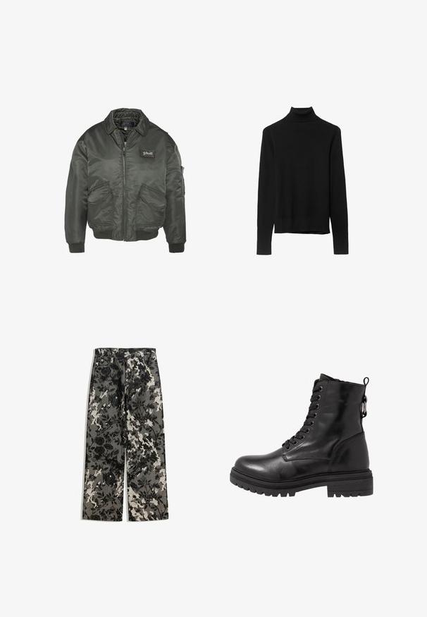 Donkergroene bomberjack met een rits aan de voorkant, geribbelde manchetten en twee voorkanten zakken. Bevat een logo-opdruk op de borst. Soepele, glanzende stof.; Zwarte coltrui gemaakt van zachte bre knit stof. Kenmerken zijn lange mouwen en een getailleerd ontwerp met een rechte zoom.; Mid-rise wijde broek in een textuurpatroon van zwart-witte bloemen op een grijze achtergrond, met een klassieke tailleband en zijzakken.; Zwarte leren enkelboot met ronde neus, vetersluiting aan de voorkant en een getextureerde rubberen zool. Hij heeft een lus aan de achterkant en versterkte stiksels.