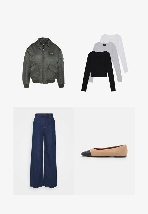 Mørkegrøn bomberjakke med lynlås foran, ribbede mansjetter og to forlommer. Har et logo-applikation på brystet. Glat, skinnende stof.; Tre langærmede toppe stablet: sort, grå og hvid. Hver har en rund halsudskæring og et cropped design med glat, let stof.; Lee STELLA - Jeans Relaxed Fit - dark eton; Beige ruskind balletflade med en sort læder rund tåkap, lav hæl og glat tekstur, der har minimal syning og et enkelt design.