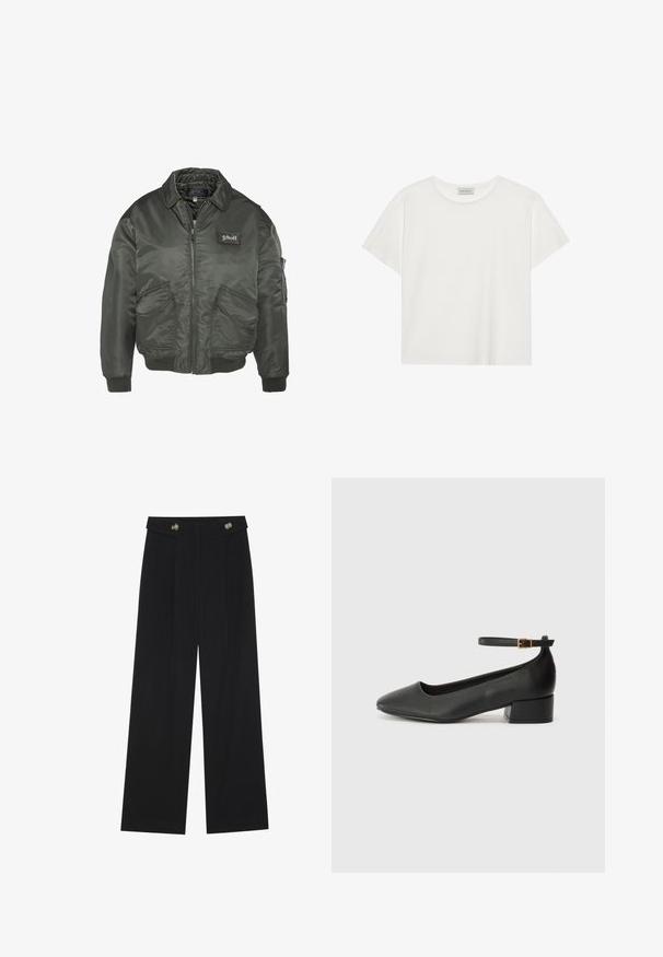 Chaqueta bomber de color verde oscuro con cierre de cremallera en la parte delantera, puños acanalados y dos bolsillos frontales. Cuenta con un parche de logo en el pecho. Tejido suave y brillante.; Camiseta blanca de manga corta hecha de suave algodón. Presenta un escote redondo y un corte relajado. Diseño limpio sin patrones o acentos visibles.; Pantalones de pierna ancha negros con cintura alta, detalles de botones en la cinturilla y pliegues en la parte delantera.; Zapato de tacón negro de cuero con punta afilada y tacón bajo cuadrado. Presenta una correa para el tobillo con una hebilla en tono dorado. Textura suave.