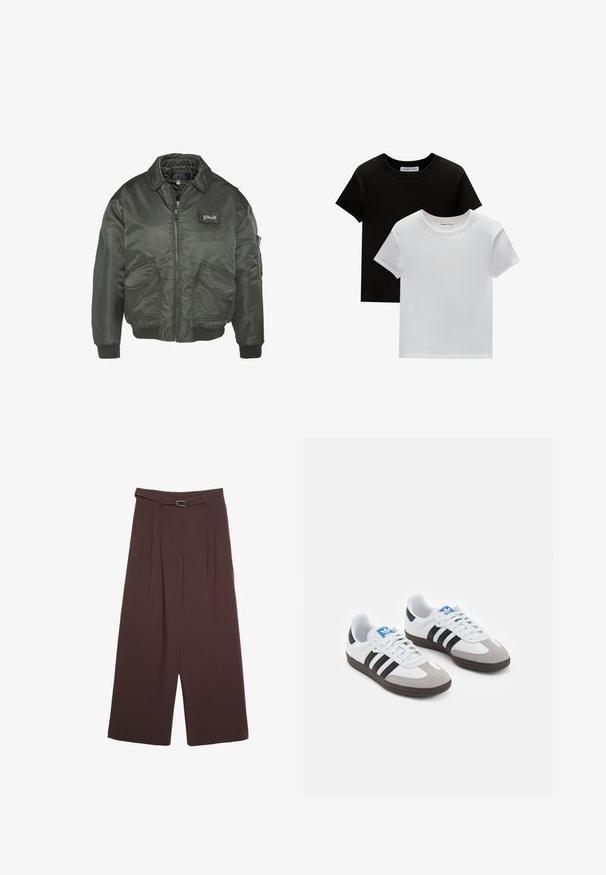 Dark green bomber jacket with a zip front, ribbed cuffs, and two front pockets. Features a logo patch on the chest. Smooth, shiny fabric.; Two crew-neck t-shirts in black and white, made of cotton. They feature short sleeves and a solid color design with no patterns or accents.; Stradivarius WIDE-LEG WITH BUCKLE DETAIL - Trousers - dark brown; Sport shoes with a white leather upper, gray suede toe, and three black stripes. Features a blue logo on the tongue and a textured rubber sole.