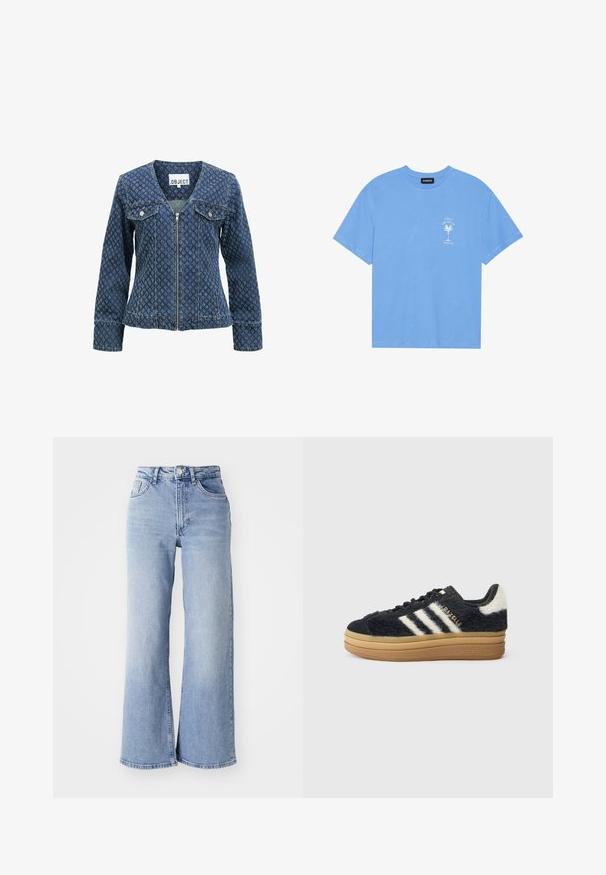 Chaqueta de mezclilla en azul oscuro con una sutil textura con patrón, cierre de cremallera, dos bolsillos en el pecho y mangas largas. Diseño de cuello clásico.; Camiseta de algodón de color azul claro con escote redondo. Presenta un gráfico en blanco de una palmera y texto en la parte izquierda del pecho. Mangas cortas.; Jeans de tiro alto de pierna ancha en azul claro, con bolsillos delanteros y traseros, cierre de botón y un ligero desgastado en los muslos y los dobladillos.; Zapatillas negras y peludas con rayas blancas y letras doradas, con una gruesa suela de goma y parte superior texturizada. Con un respaldo esponjoso.