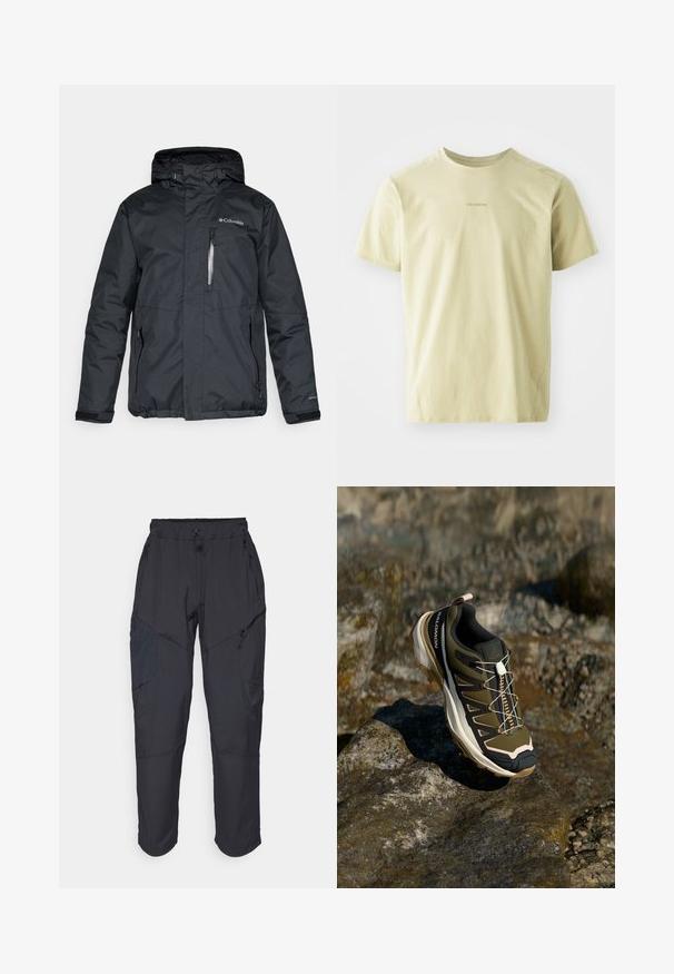 Chaqueta negra e impermeable con cremallera frontal, capucha y bolsillos laterales. Presenta el logo de Columbia en el pecho y puños con velcro.; Salomon TRACKLINE TEE - Camiseta deportiva - gray green; Pantalones cargo negros hechos de un material ligero y resistente al agua; cuentan con una cintura elástica, múltiples bolsillos con cremallera y piernas ajustadas.; Zapato de senderismo en verde oliva y negro con toques de rosa. Cuenta con una parte superior texturizada, suela flexible, capuchón de punta reforzado y un sistema de cordones colorido.