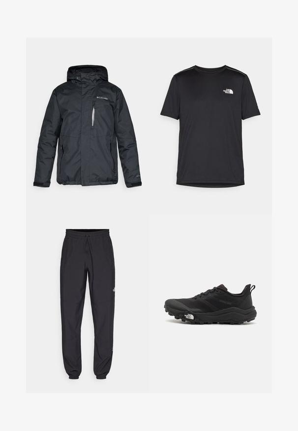 Sort, vandtæt jakke med lynlås foran, hætte og sidelommer. Har Columbia-logo på brystet og Velcro-manchetter.; Sort t-shirt med korte ærmer lavet af letvægtsstof. Har et lille hvidt logo på venstre bryst og diskrete skuldrelementer.; Sorte atletiske bukser lavet af letvægtsstof, med en snor i taljen, sidelommer og tapered manchetter ved anklerne.; Sort trail løbesko med en struktureret overdel, gummisål og forstærket tåhætte. Har en polstret krave og en pull-tab til nem påtagning.