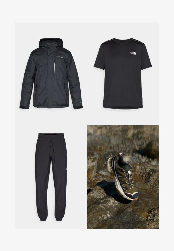 Sort, vandtæt jakke med lynlås foran, hætte og sidelommer. Har Columbia-logo på brystet og Velcro-manchetter.; Sort t-shirt med korte ærmer lavet af letvægtsstof. Har et lille hvidt logo på venstre bryst og diskrete skuldrelementer.; Sorte atletiske bukser lavet af letvægtsstof, med en snor i taljen, sidelommer og tapered manchetter ved anklerne.; Vandrestøvle i olivengrøn og sort med pink accenter. Har en tekstureret overdel, fleksibel sål, forstærket tåhætte og farverigt snøresystem.