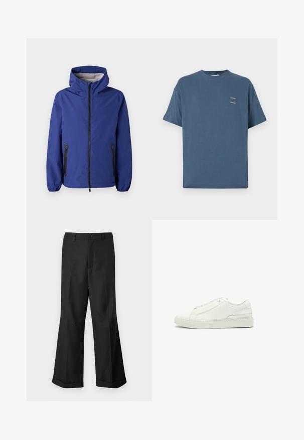 Blauwe waterdichte jas met capuchon, voorzie van een ritssluiting, elastische manchetten en zwarte ritszakken. Beschikt over een gestructureerde binnenvoering.; Blauwe katoenen t-shirt met een klassieke ronde hals, korte mouwen, een ontspannen pasvorm en twee kleine bedrukte logo's op de borst. Soeple textuur.; Zwarte wijde broek met knoopsluiting in de taille en omgeslagen pijpen, getoond tegen een effen witte achtergrond.; Witte leren sneaker met een gestructureerde bovenkant, een ronde neus, minimalistisch ontwerp en een rubberen zool met gestikte details.