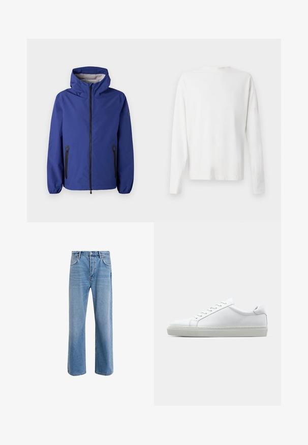 Sininen vesitiivis takki hupulla, etupuolen vetoketjukiinnitys, elastiset hihansuuhteet ja mustat vetoketjulliset taskut. Sisältää kuvioidun sisävuoren.; Pitkähihaisesta valkoisesta puuvillapaidasta, jossa on pyöreä pääntie, sivuhaalareita alaosassa ja sileä pinta, näkyy takaa.; Vaaleansiniset farkut suoranlahkeisella muotoilulla, viisi taskua, nappisuljenta, vähäinen kuluminen ja kontrastiväriset ompeluyksityiskohdat.; Valkoinen tennari, jossa on sileä nahkapäällinen ja matala profiili. Ominaisuuksiin kuuluu pyöreä kärki, kuusi rei'itystä ja teksturoitu kumipohja.