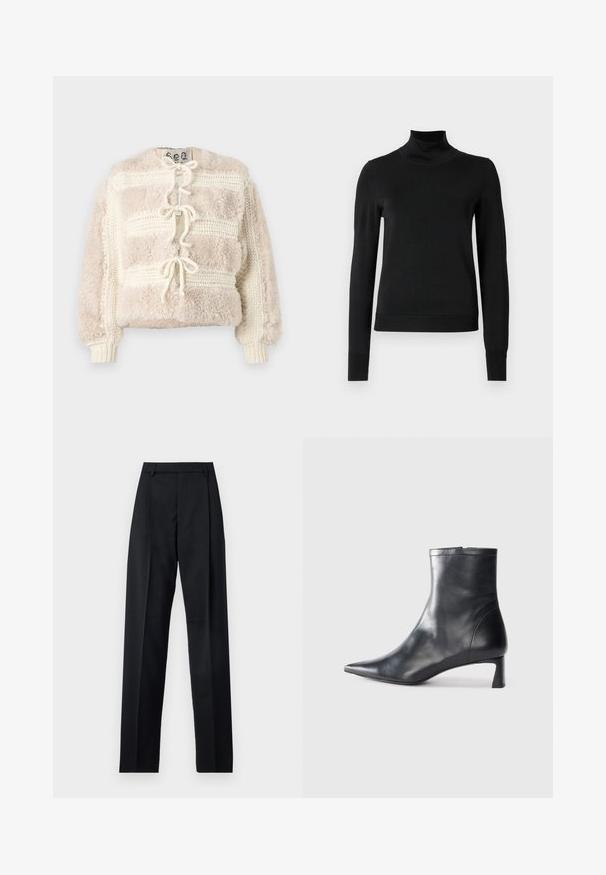 Φουντωτός κρεμ χρωματιστός κοντός τζάκετ με υφασμάτινη πλέξη, που διαθέτει κλείσιμο με κορδόνι μπροστά και ριμπ μανσέτες.; Μαύρο μακρυμάνικο πουλόβερ με ψηλή λαιμόκοψη και ριγωτές μανσέτες και τελείωμα, το οποίο είναι παρουσιασμένο σε απλή λευκή φόντο.; Μαύρο παντελόνι φτιαγμένο από λείο ύφασμα με ψηλή μέση, φαρδιές γάμπες, πλάγιες πιέτες και κλασσικές θηλιές ζώνης. Δεν υπάρχουν ορατές πλαϊνές τσέπες.; Μαύρη δερμάτινη μπότες αστραγάλου με μυτερή μύτη και κομψό σχέδιο. Διαθέτει χαμηλό τακούνι και φερμουάρ στο πίσω μέρος. Λείο υφή.