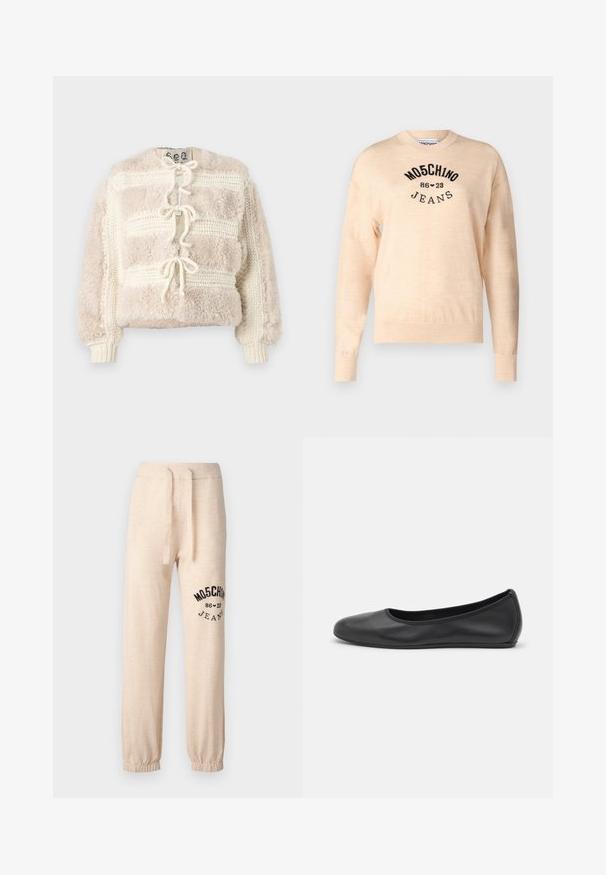 Chlupatý krémový zkrácený kabát s texturovaným pleteným designem, s vázáním vpředu a žebrovanými manžetami.; Světle béžový svetr vyrobený z měkkého pleteného materiálu, s kulatým výstřihem, dlouhými rukávy a černě vyšívaným logem s textem "Moschino Jeans."; Beige tepláky s elastickými manžetami a pásem. Na levém stehně se nachází černý potisk s logem "MOSCHINO 86 ❤ 23 JEANS". Měkká textura.; Černé kožené baletní byty s kulatou špičkou, hladkou texturou, minimálními švy a flexibilním designem podrážky.