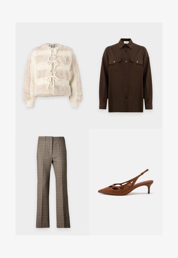 Bolyhos, tejszínszínű, rövidített dzseki, textúrált kötött mintával, elöl megkötős záródással és bordázott mandzsettákkal.; Sötétbarna, hosszú ujjú, gombos ing, két zsebével a mellén és klasszikus gallérral, egyszerű fehér háttér előtt bemutatva.; Barna kockás nadrág egyenes szabással, texturált anyaggal, és a mintázatban lágy bézs és sötétebb barna árnyalatokkal.; Barna bőrszíjjal készült sarok, hegyes orral, kivágott dizájnnal és varrott részletekkel. Karcsú sarokkal és állítható pánttal rendelkezik.